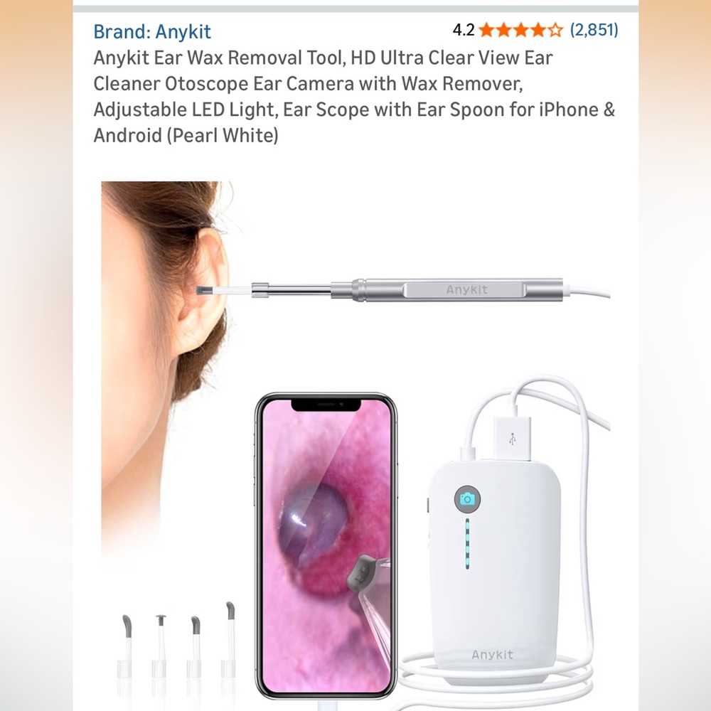 Anykit HD Ear Camera Otoscope with Wax Remover Kit Pearl White
